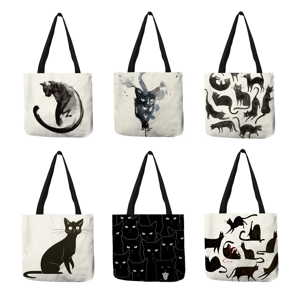 New Lady Designer Tote Bags Sumi Black Cat Printed Linen Fabric Eco Handbag Shopping Office Reusable Casual Shoulder Bag