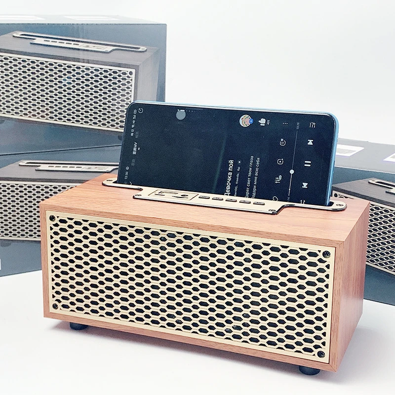 Portable Retro Wooden Wireless Speaker Desktop Sound Bar Subwoofer For IPhone For IPad FM Radio TF Card AUX Long Battery Life