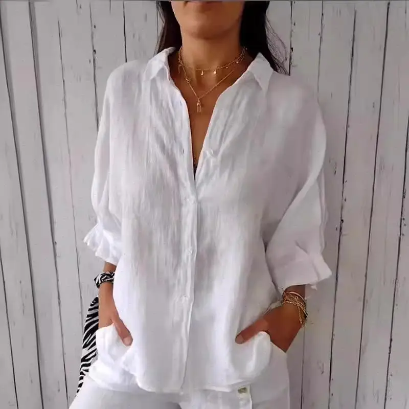 Solid Shirts Women Blouses Casual Office Lady Half Sleeves Loose Y2k Streetwear Turn Down Collar Top Elegant 2025 Summer