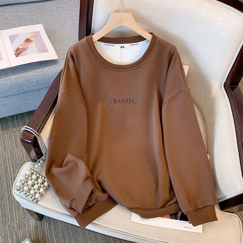 

Plus-size women's winter fleece inner thickened warm top letter printed brown terylene cotton top all commuter clothing 2XL-6XL