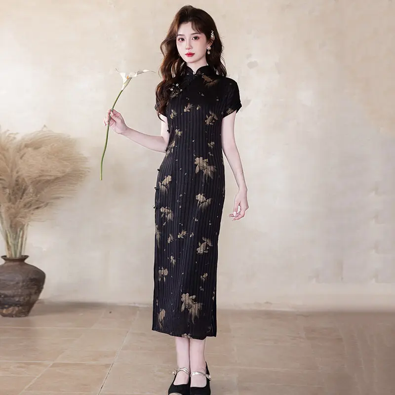 

Summer Short Sleeve Qipao Female Chinese Style Women Sexy Slim Tradition Mandarin Collar Printed Cheongsam Gown