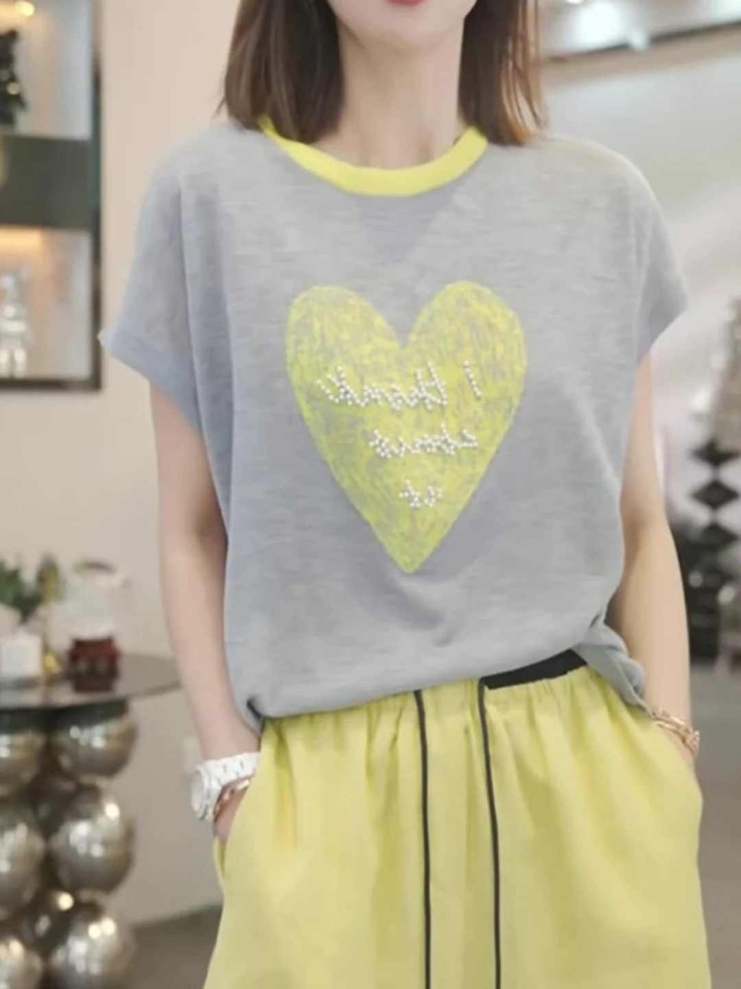 

Color Block Print round Neck Short Sleeve Knitted Top Women Summer plus Size Slimming Fashion Loose Upper Apparel