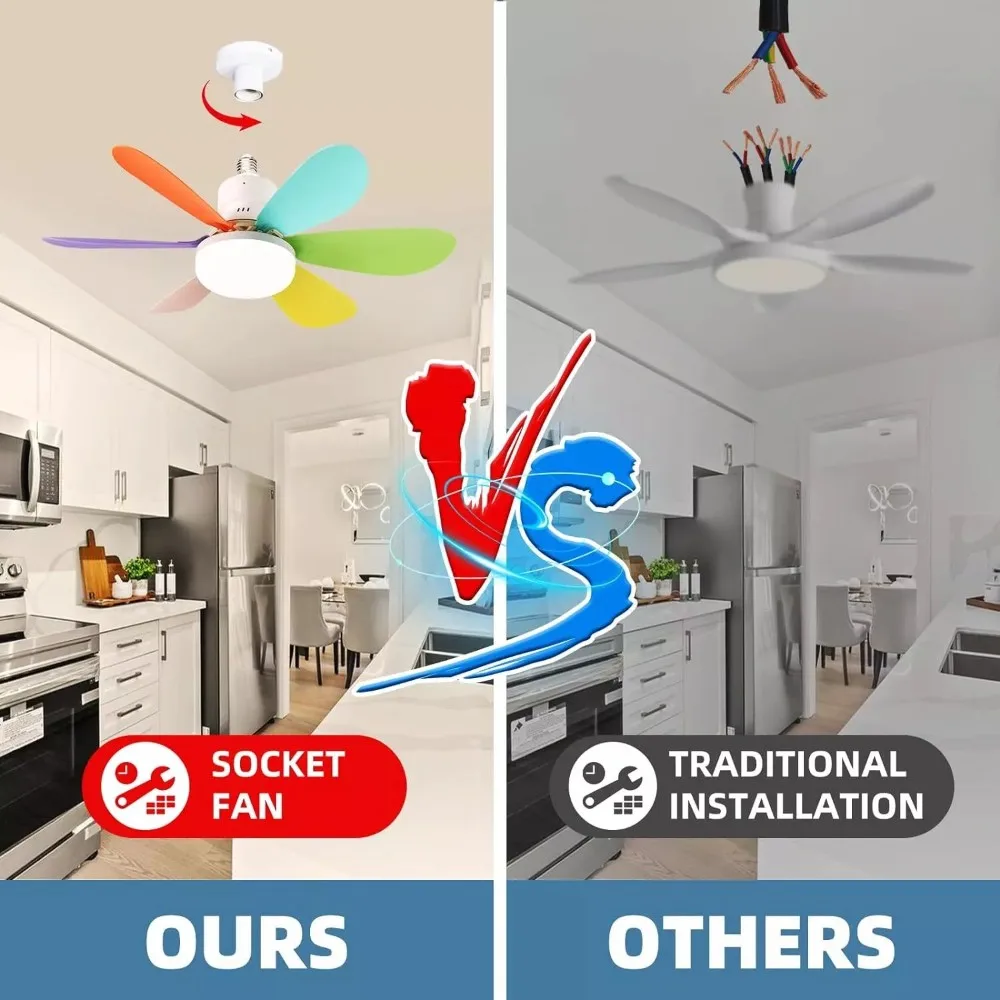 E27 40W fan light Socket Ceiling Fan with Light, 20.5in Screw Ceiling Fans with LED with Remote For Bedroom, Garage and Kitchen
