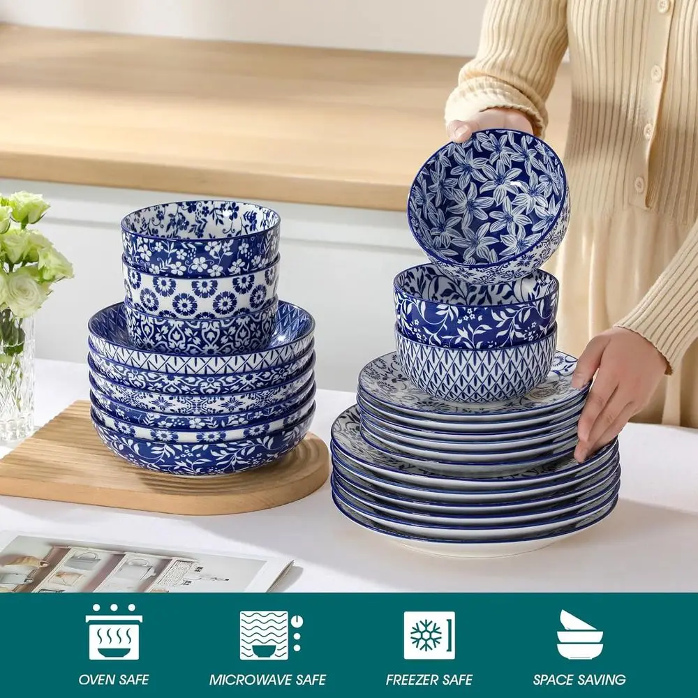 Juego de vajilla de porcelana azul de 6 piezas, apto para microondas y lavavajillas, servicio para 6