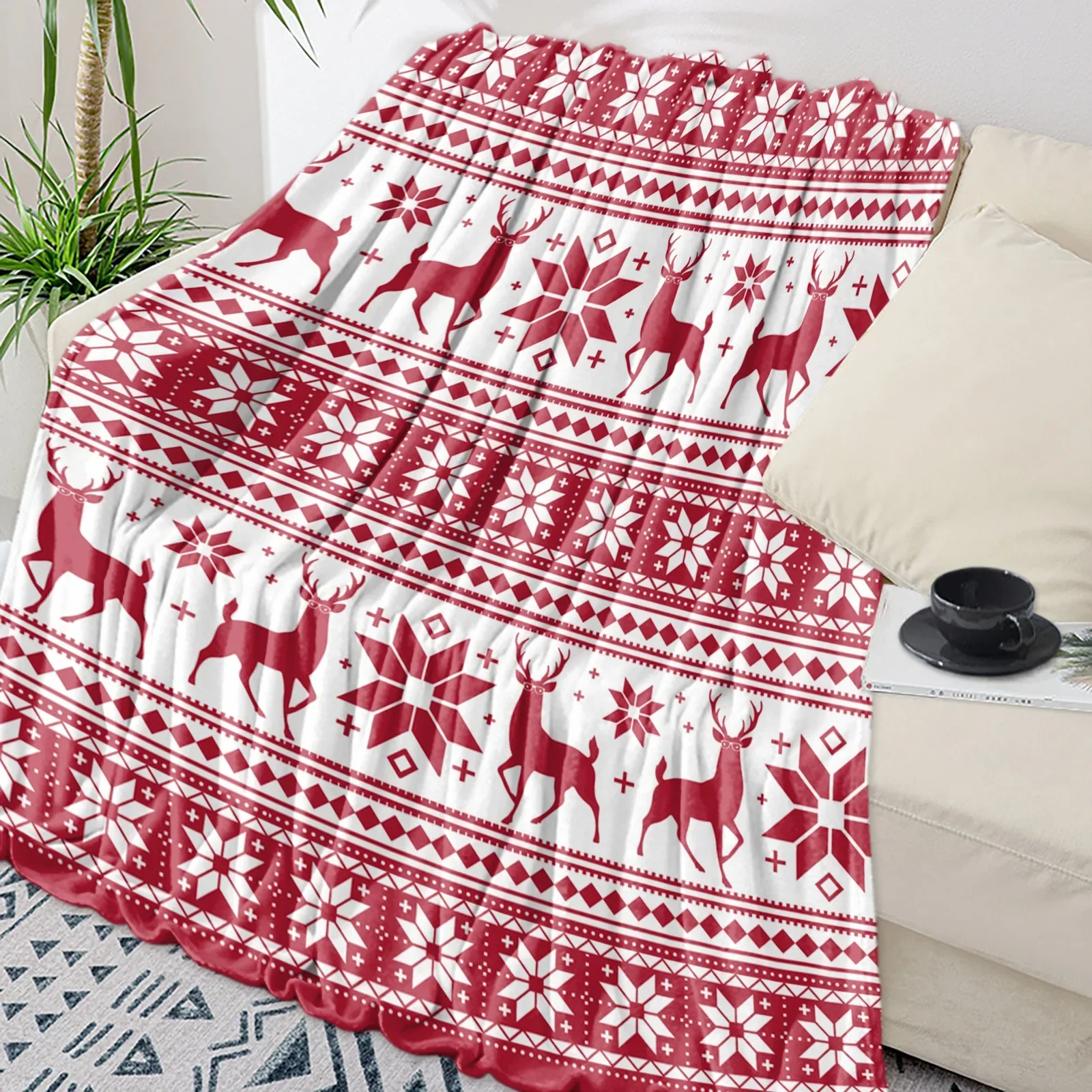 Christmas Snowflake Elk Plaid Throw Blanket for Sofa Christmas Decoration Bedspread Portable Microfiber Flannel Blanket