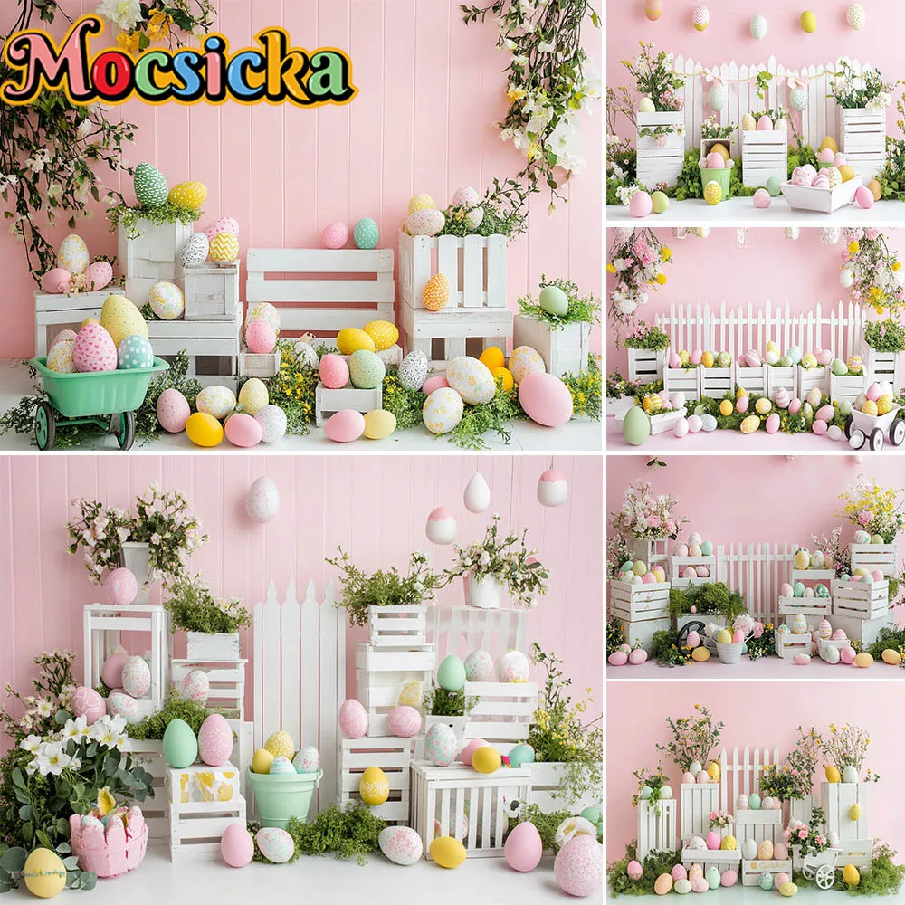 Mocsicka Photography Background Spring Easter Egg Pink Flowers Decoration Backdrop Children Holiday Portrait Photo Studio Props