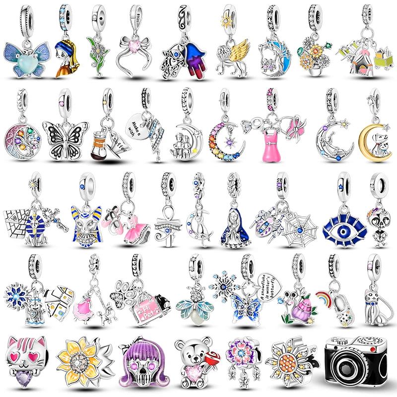 New 925 Sterling Silver Camera Female Deity Cat Flower Bag Pyramid Charms Bead Fit Original Bracelet Jewelry for Woman DIY Gift