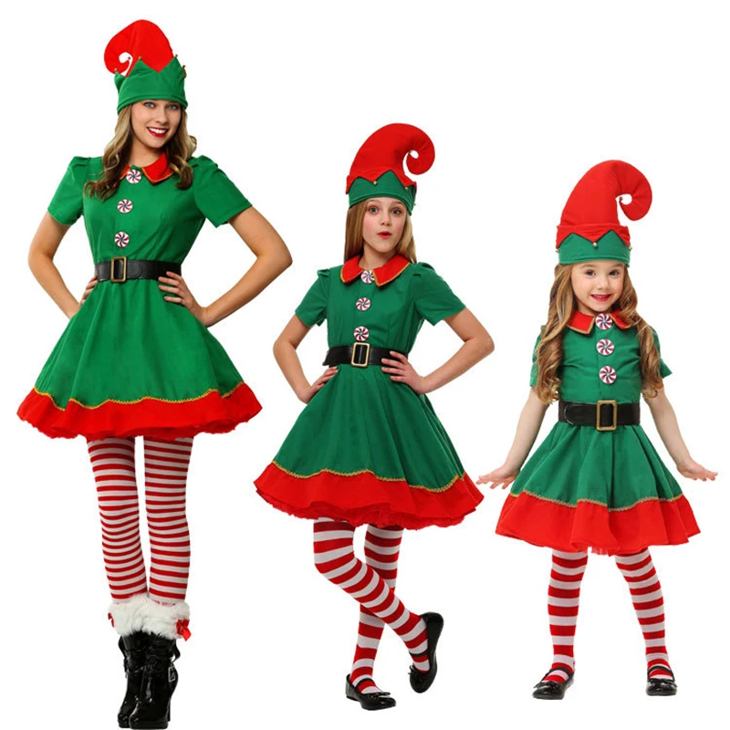 Men Women Girls Boys Christmas Santa Claus Costume Suit Green Elf Cosplay Family Carnival Party New Year Fancy Dress Clothes Set