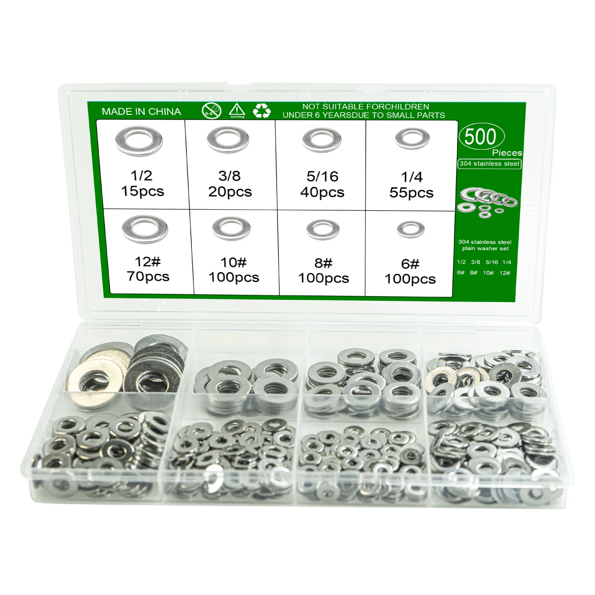 500pcs 304 Stainless Steel Flat Washers Set ,Plain Gaskets American Size rivets Washers Rings (12#10# 8#6#1/2
