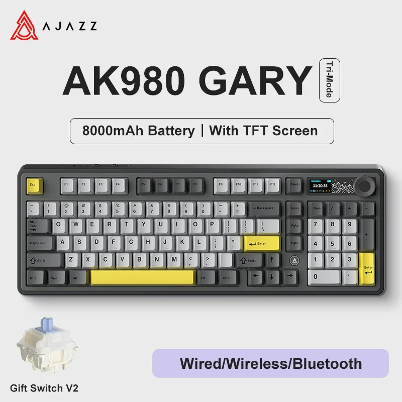 AJAZZ AK980 Mechanisch gamingtoetsenbord, 2,9 cm TFT-scherm, volumeknop, pakkingstructuur met 98 toetsen, RGB-verlichting, hot-swappable PR4