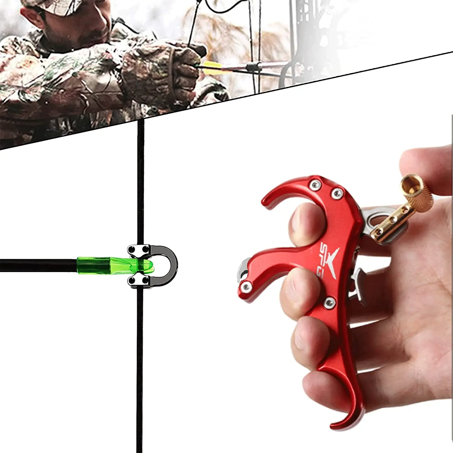 Archery 4-Finger Hand Held Bow Release Aids, Aluminum Alloy Archery Compound Bow Hinge Release with Compound Bow Metal D Loop