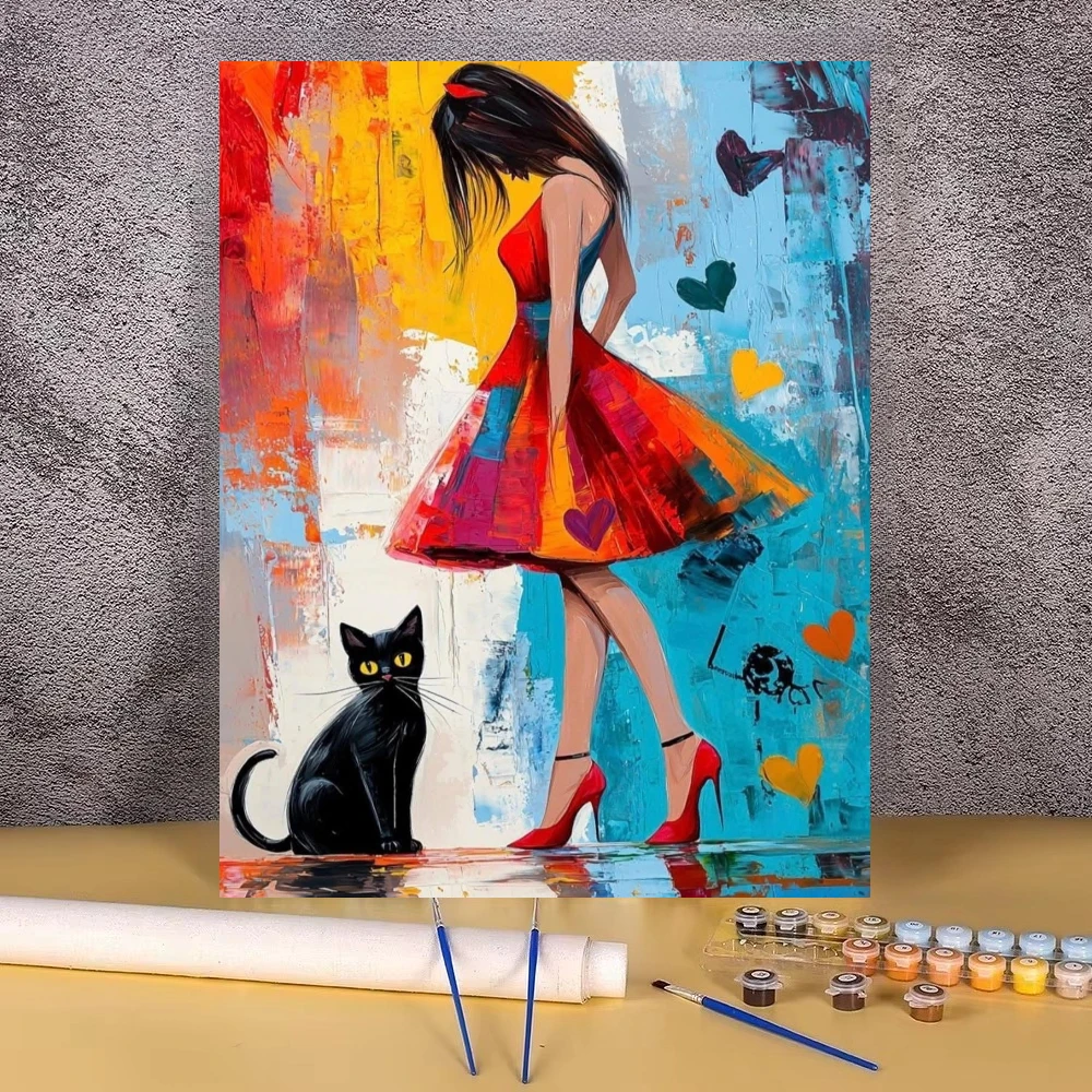 Woman in Red Dress with Black Cat Wall Decor Oil Painting By Numbers for Living Room Bedroom Gift No Frame