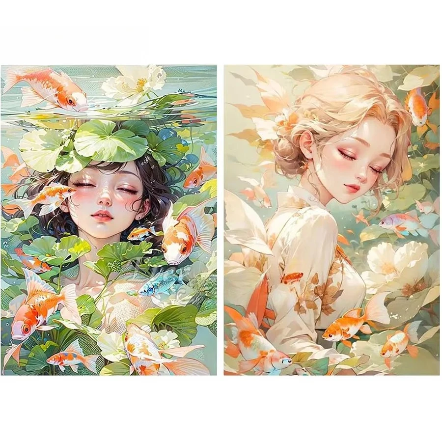 Asiatische Meerjungfrau Diamantmalerei Mädchen und Fisch im Lotus Koreanischer Japanischer Stil Diamond Dot Kit Kunstbild