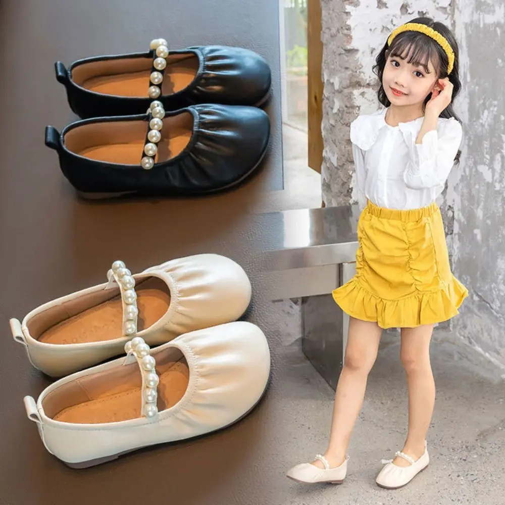 

Pleats Sweet Children Leather Shoes Pearl Soft Soled Girls Princess Shoes Slip-on Style Lightweight Mary Jane Shoe Party