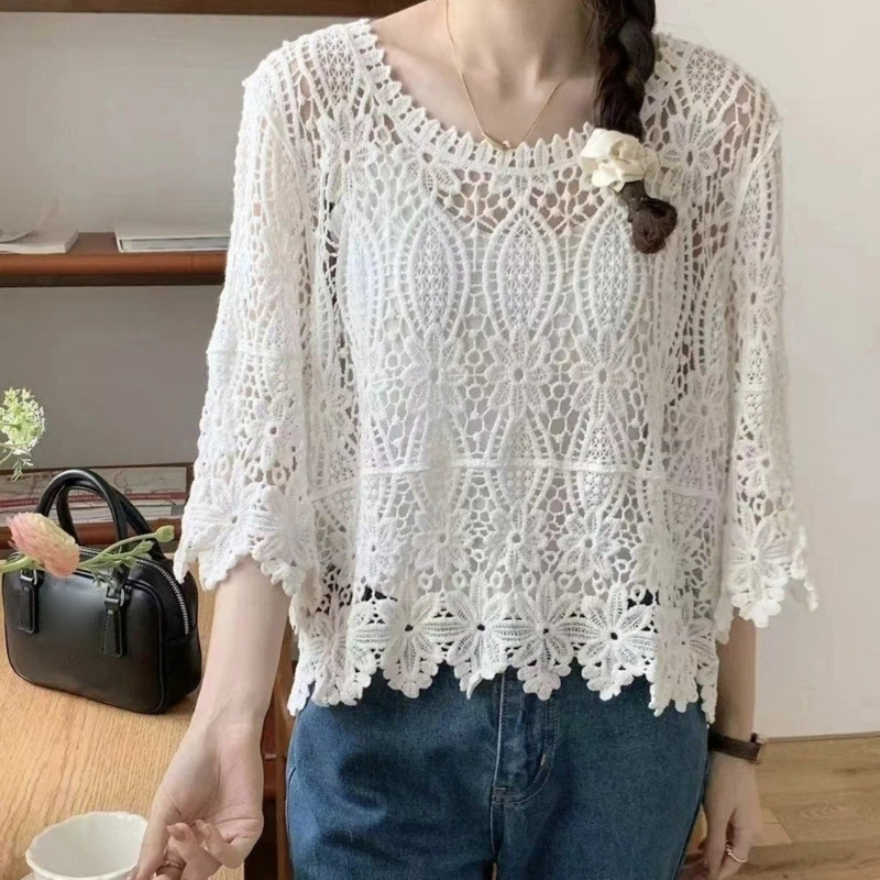 Women Summer Crochet Hollow Out Blouse Shirts Casual Long Sleeve Beach Cover Up