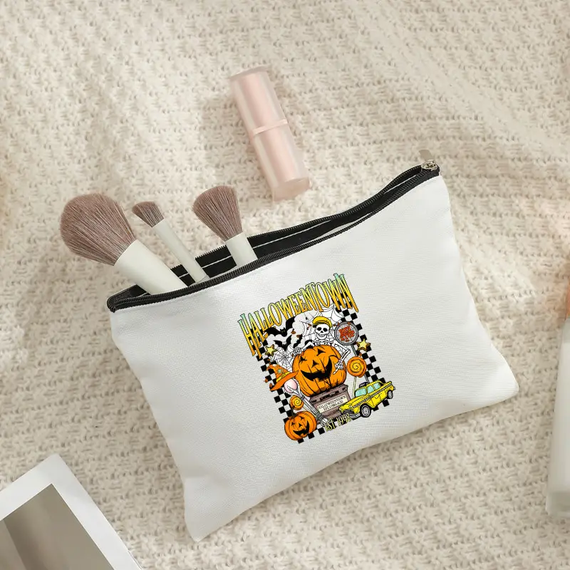 Halloween Town Cosmetic Bag Vintage Pumpkin Skull Cartoon Print Zipper Pouch Portable Travel Makeup Storage Handbag Holiday Gift