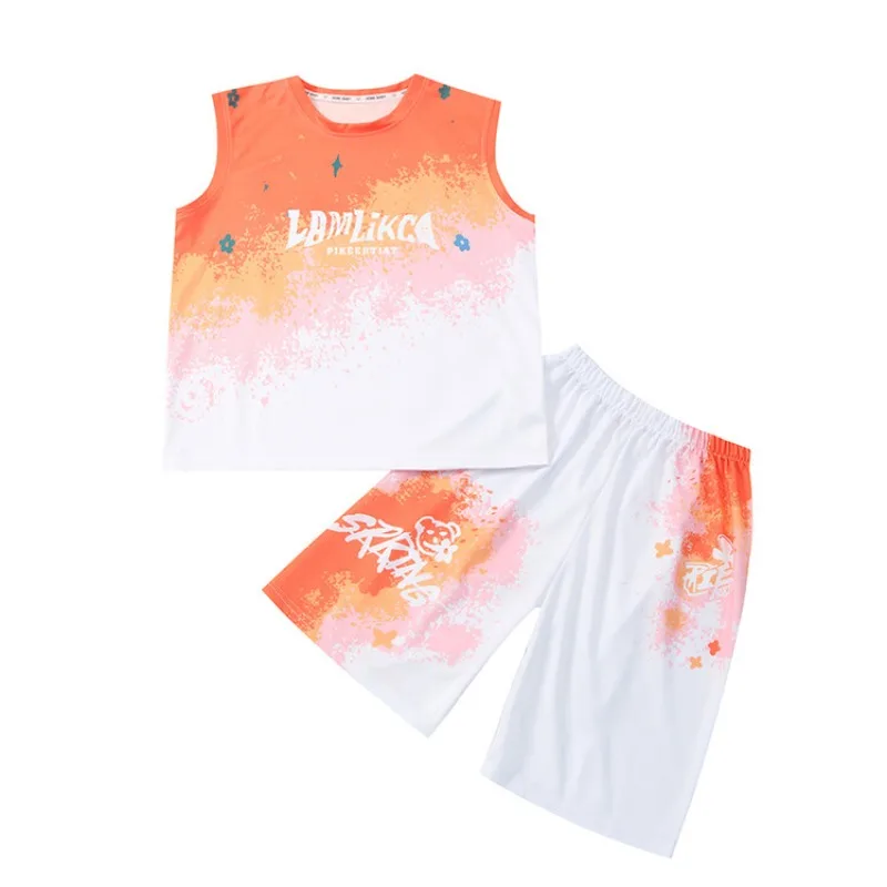 Kids Clothes Boys Letter Gradient color Painted Graffiti Basketball Uniform Teenage boy leeveless vest Top and Shorts 2PCS Sets