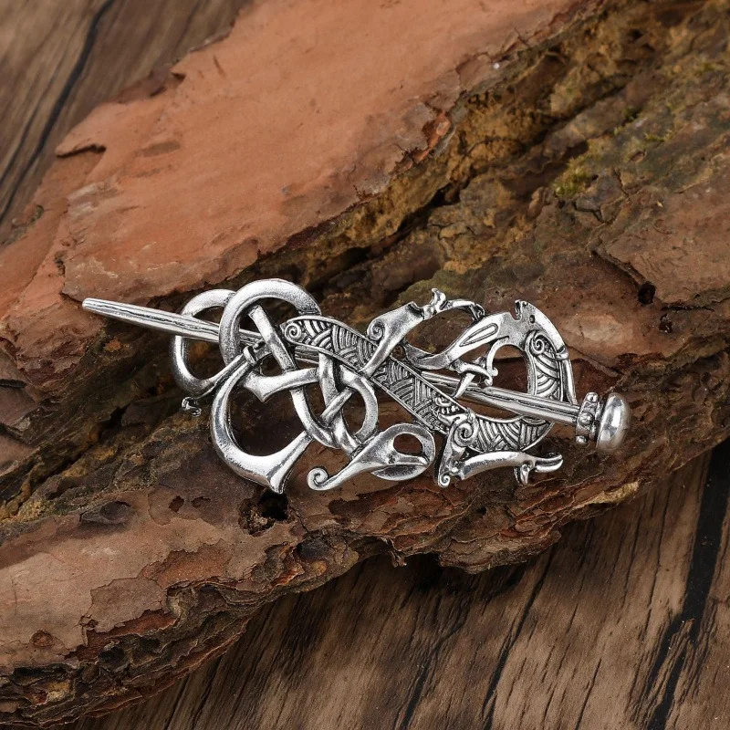 Silver Celtic Knot Totem Hairpin Retro Viking Style Metal Headpiece Carved Flower Weaving Pattern Women's Personalized Dressing