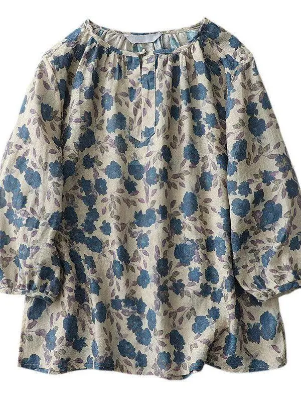 Lightweight Loose Printed Top Floral Lantern Sleeve Seven Quarter Sleeve Shirt Commute Style Button down round Neck Women's S...