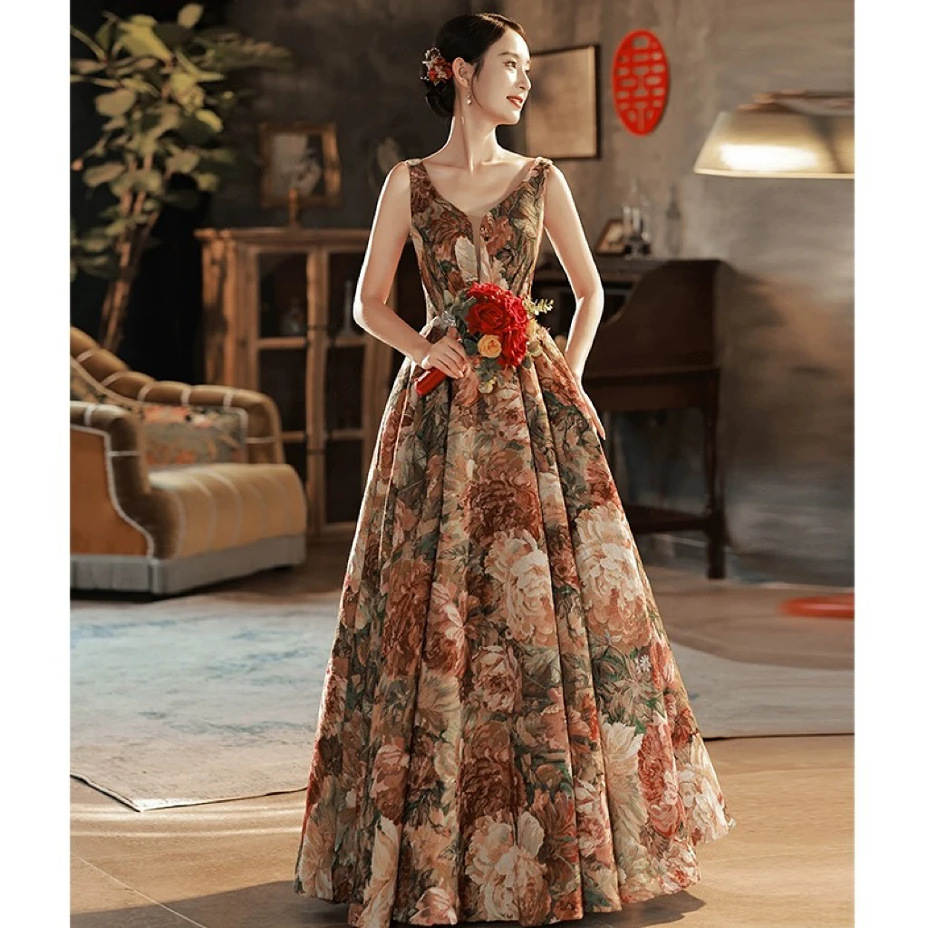 

Jacquard V-neck Celebrity Dress Sleeveless Lace-up A-line Floor Length Vintage Flower Formal Occasion Evening Party Gowns 2024