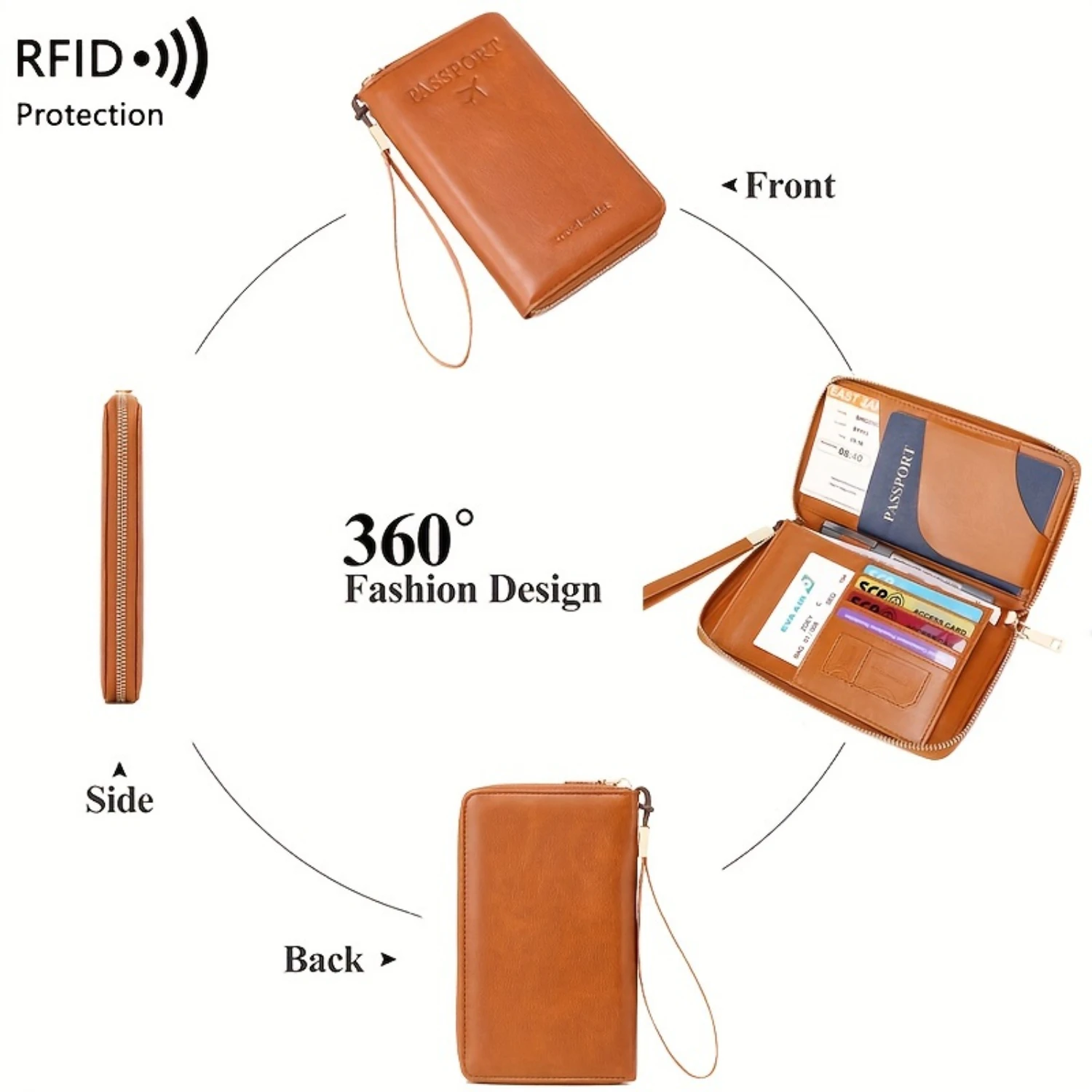 RFID Passport Holder with Zipper Pocket & Wrist Strap - Solid Color Multifunctional Travel Wallet