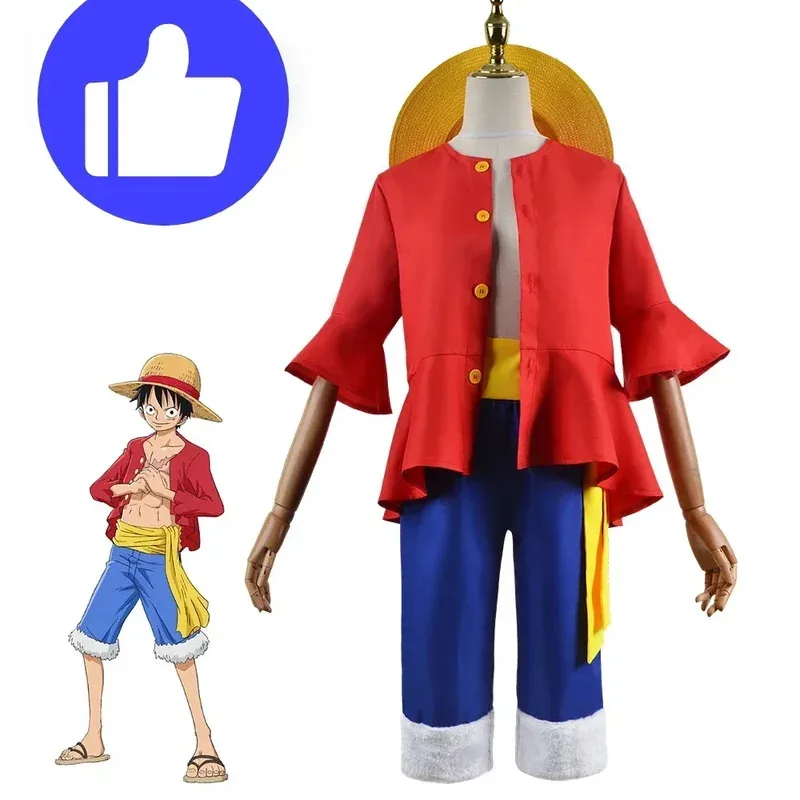 

Anime Monkey Luffy Cosplay Costumes Monkey-D-Luffy Cosplay Red Tops Pants Suits Hats Halloween For Women Men Kids Party Gifts