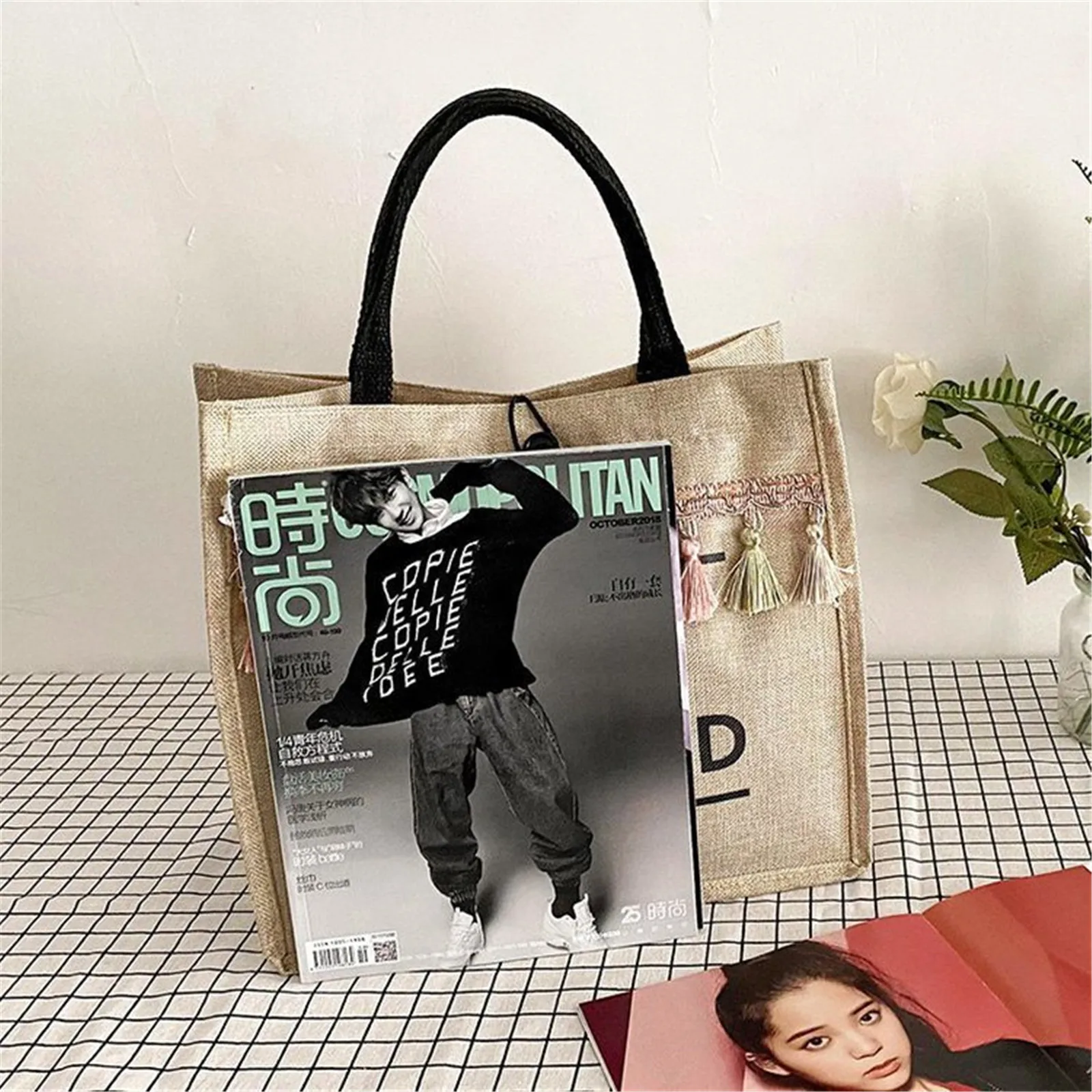 Women Summer Beach Bags Handbags Large Capacity Lady Tassel Shoulder Bag Big Letter Linen Totes Casual Girls Travel Shopping Bag