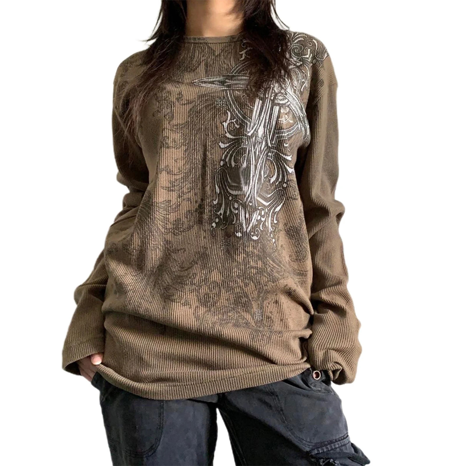 Women's Vintage Tops Gothic Long Sleeve Round Neck Cross Print Loose T-Shirts Streetwear Grunge Tops