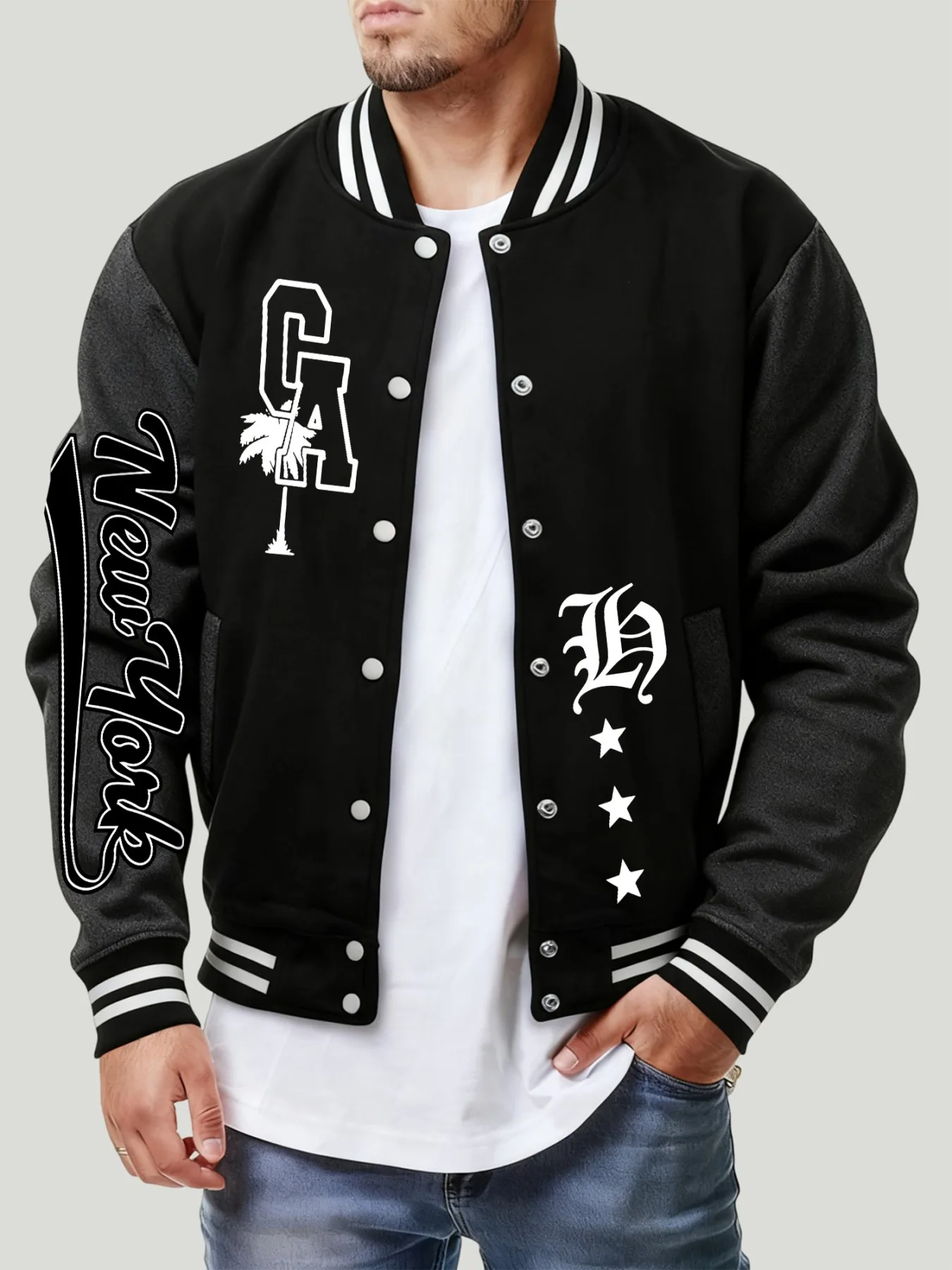 New York Letter Ca Star Pattern Baseball Jacket Men Casual Tops Oversize Streetwear Autumn Fleece Clothing American Hip Hop Coat