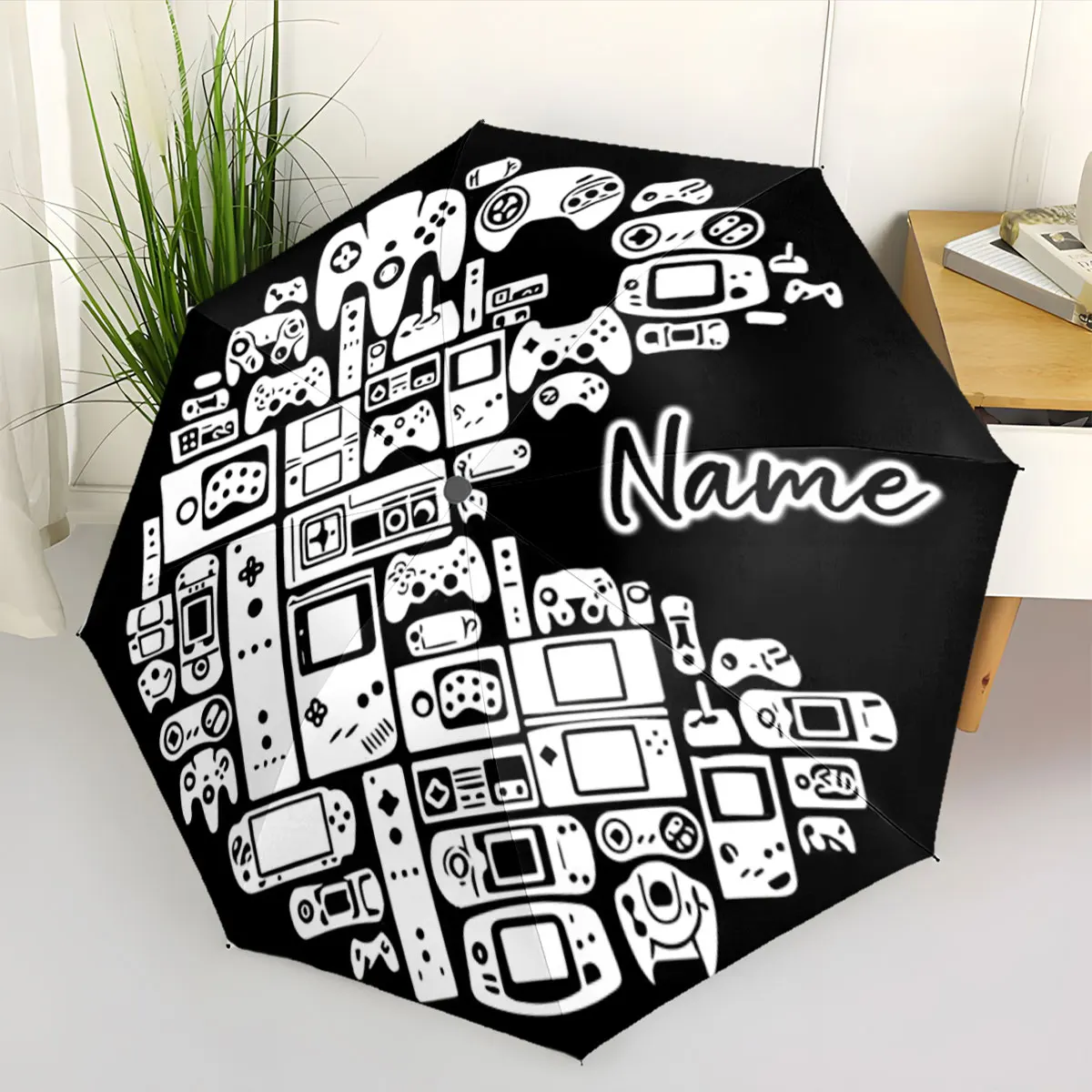 Custom Name Umbrella Retro Gaming Console Umbrella Design Print 8 Iron Ribs Folding Umbrella Auto-Open Fashion Sunshade