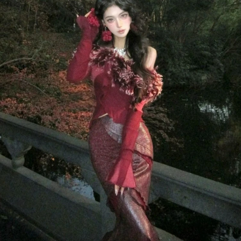 

Noble Style Featuring Furry Top High Waist Bag Hip Skirt New Autumn 2026 Collection Two-piece Women's Set Retro Elegant Mature