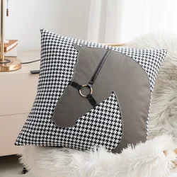 Gray Houndstooth PU Leather Horse Style Saddle  Pillowcase Cushion Cover Casual Cotton Case Sofa Bedroom Decor