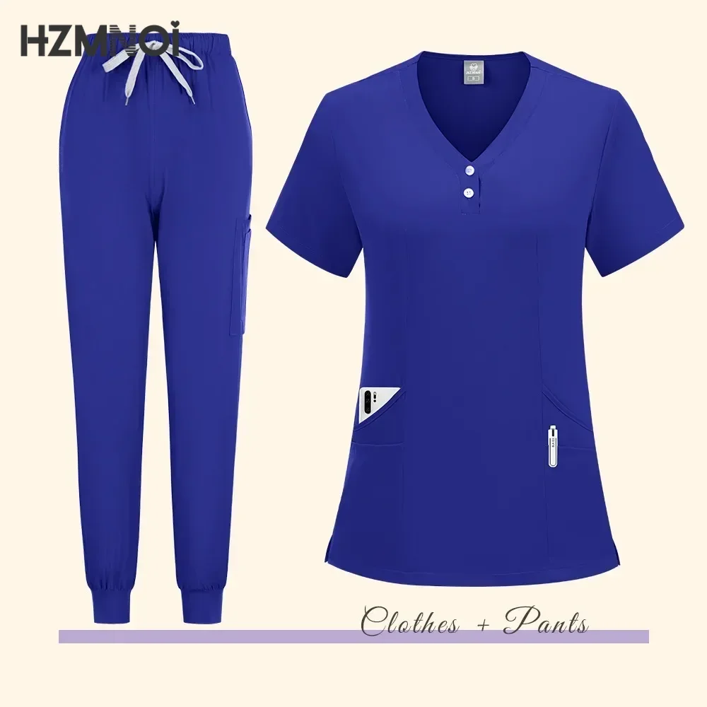 Women Medical Uniforms Elastic Scrubs Sets Hospital Surgical Workwear Short Sleeve Top Pants Nursing Accessories Doctors Clothes