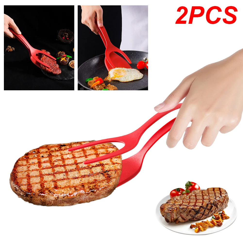 Non Stick 2 In 1 Pancake Spatula French Fries Turners Egg Clamp Frying Steak Pancake Tongs Toast Omelet Clip Kitchen Accessories