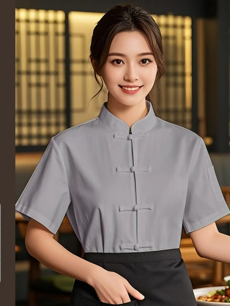 Giacca da cuoco a maniche corte uniforme da cuoco in lino da donna Catering Ristorante Cameriera Abbigliamento Abbigliamento da cucina dell'hotel