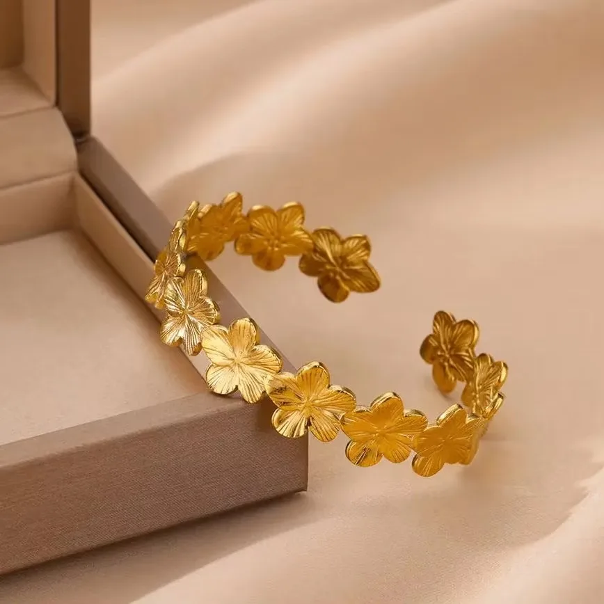 Bloem dikke opening armbanden voor vrouwen waterdicht roestvrij staal bloemen brede armband feest bruiloft hand sieraden elegant cadeau - afbeelding 1
