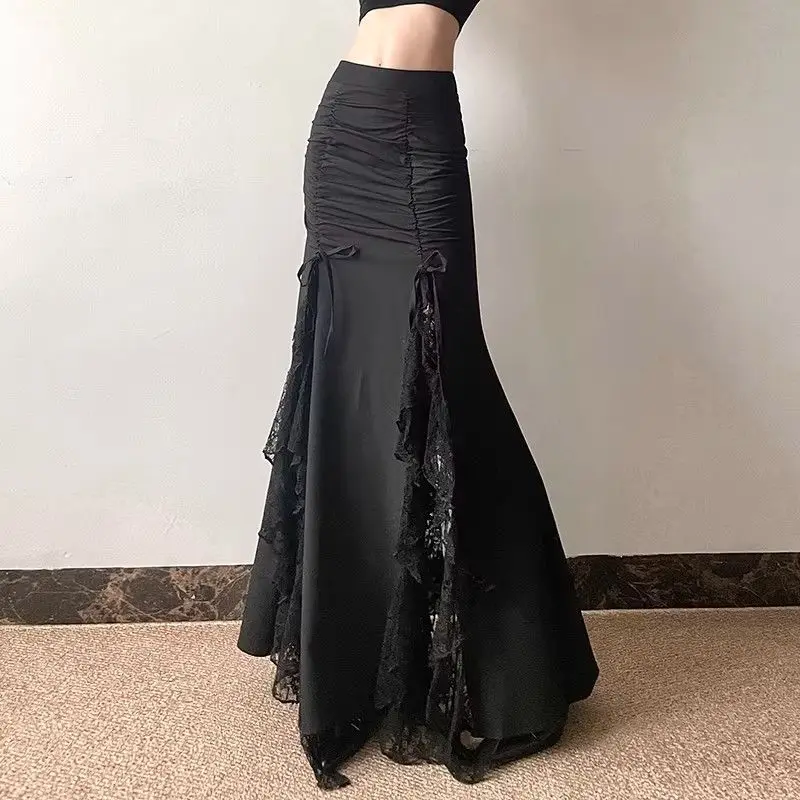 Lace Splicing Bow Pleated Skirt 2026 New High Waist Hip Wrap Fishtail Long Skirt Summer