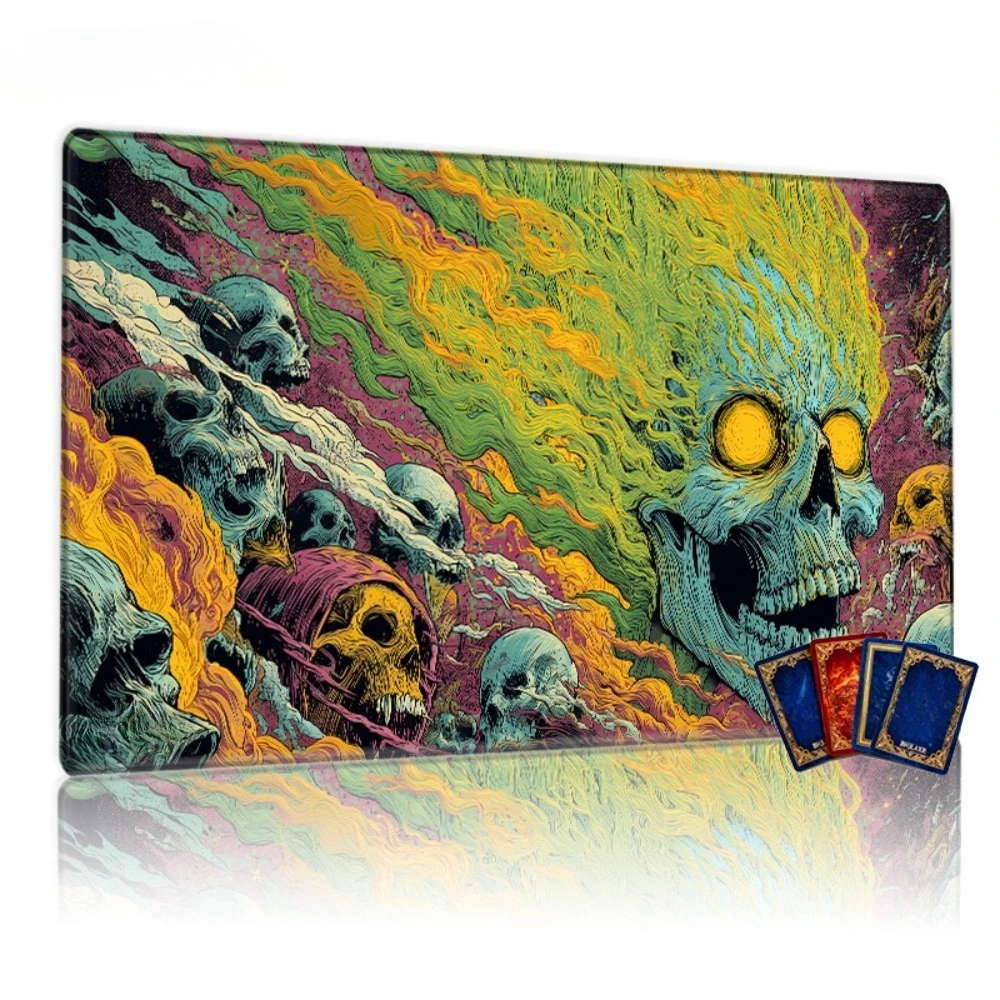 The psychedelic skull threatening the fiery aura TCG game mat is suitable for collectible card game CCG/TCG and is compatible