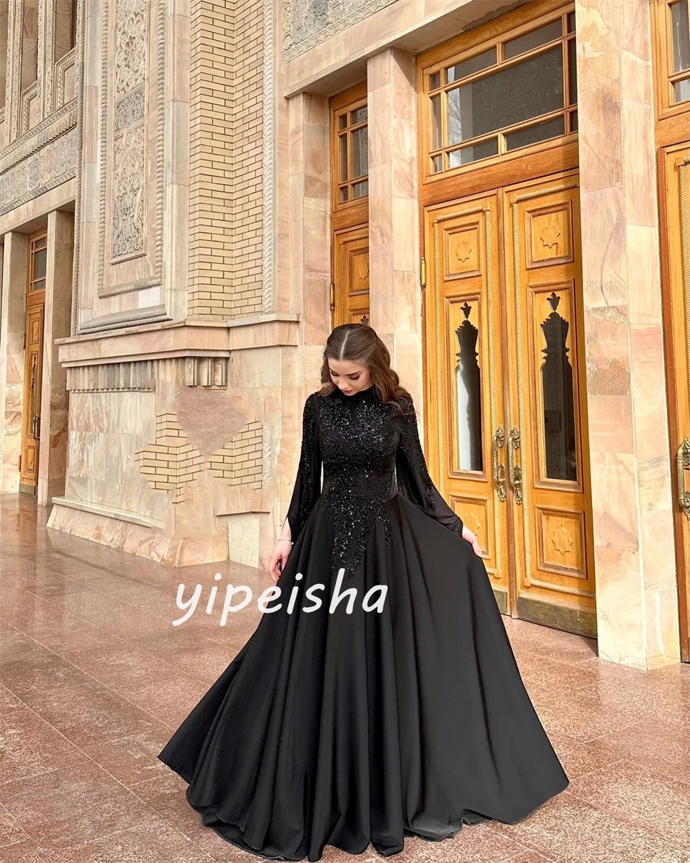 Chiffon Applique Sequined Beading Ruched Valentine\'s Day A-line High Collar Bespoke Occasion Gown Long Dresses