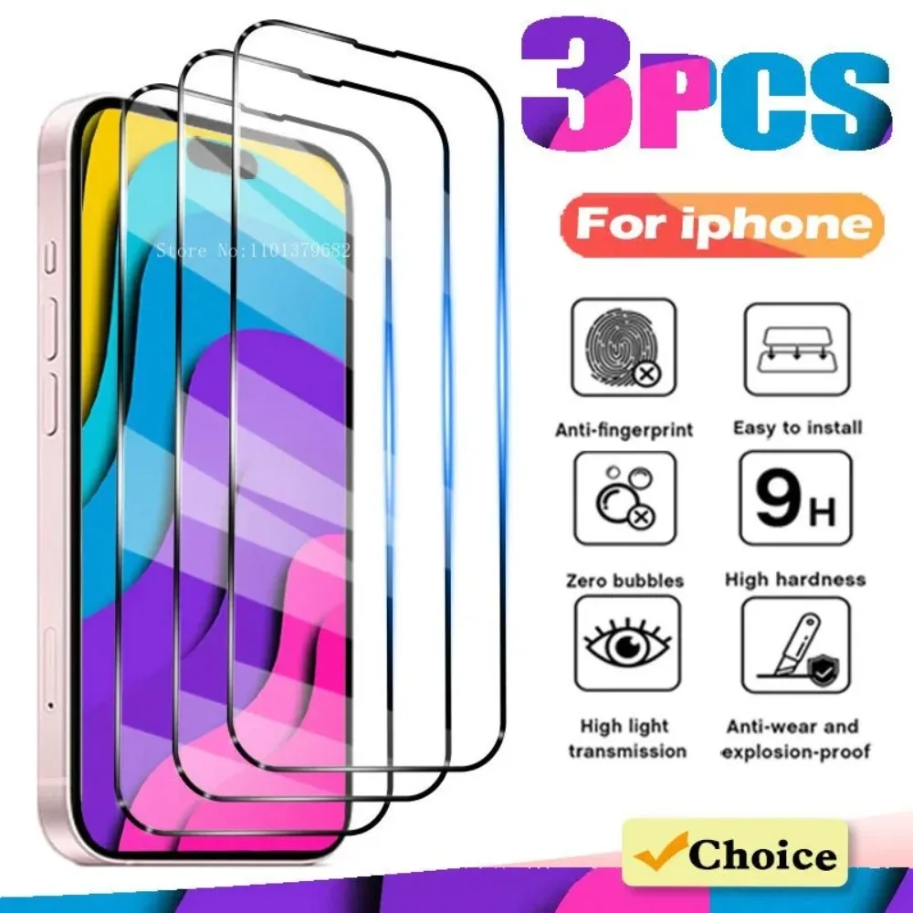 3Pcs Full Cover Tempered Glass For Apple iPhone 16 13 11 12 14 15 Pro Max 7 8 Plus Screen Protector For iPhone X XR XS Max SE