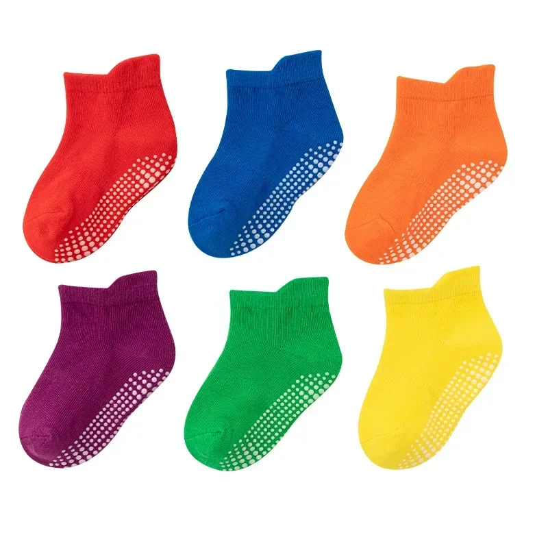 6 Pairs/lot 0 to 6 Yrs Cotton Children\'s Anti-slip Boat Socks For Boys Girl Low Cut Floor Kid Sock With Rubber Grips Four Season