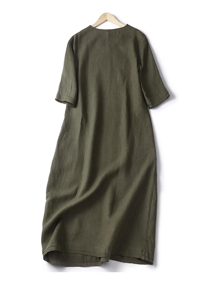 Retro Cotton Solid Elegant Midi Dresses V-Neck Casual Loose Minimalist Daily Dress Literature Dresses for Women Army Green