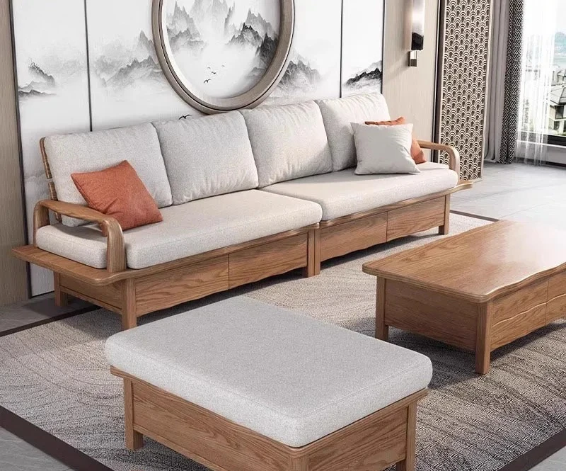 Ash Wood Sofa Bed with Storage Drawers Modern Log Style Solid Wood Couch for Small Apartment Living Room Space Saving