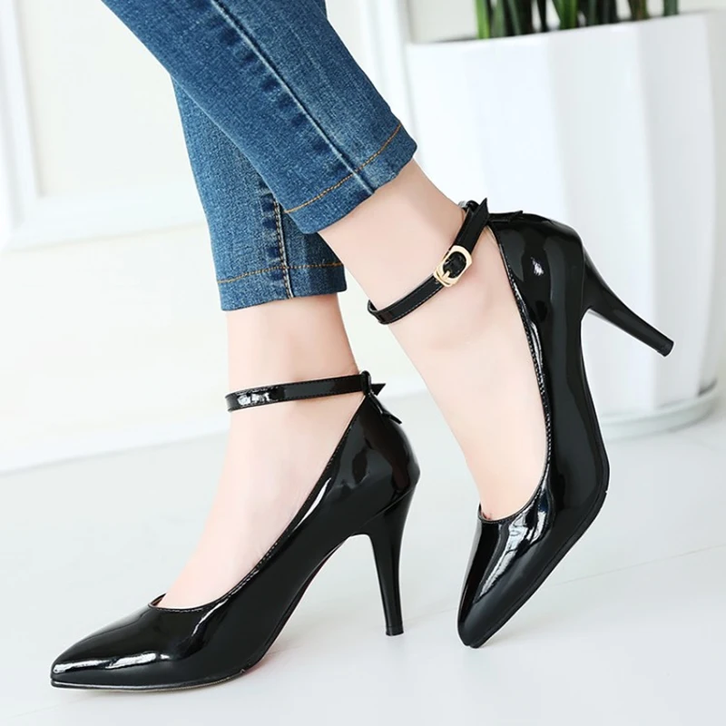 Fashion Women\'s Pumps Shoes Elegant Ankle Straps Thin High Heels Red Nude Heeled Office Party Wedding Shoes Woman Large Size 46