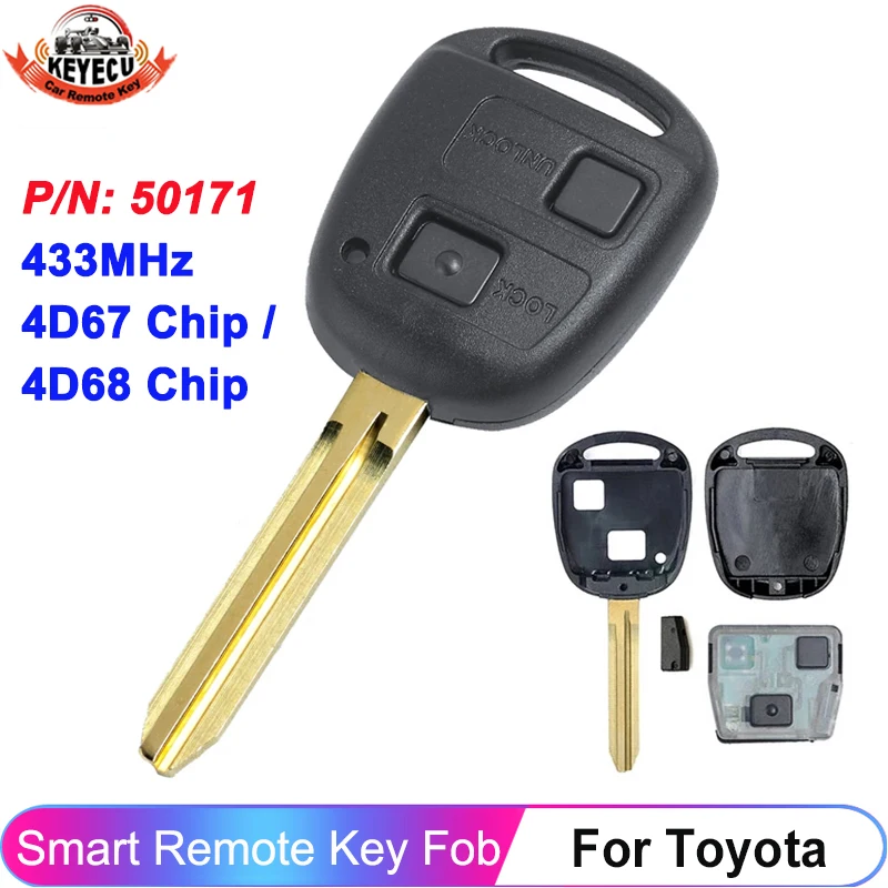 KEYECU 433MHz 4D67 4D68 Chip For Toyota Avensis Tarago Prado 120 RAV4 Kluger 2003-2009 2 Button Remote Key Fob Uncut Blade TOY43