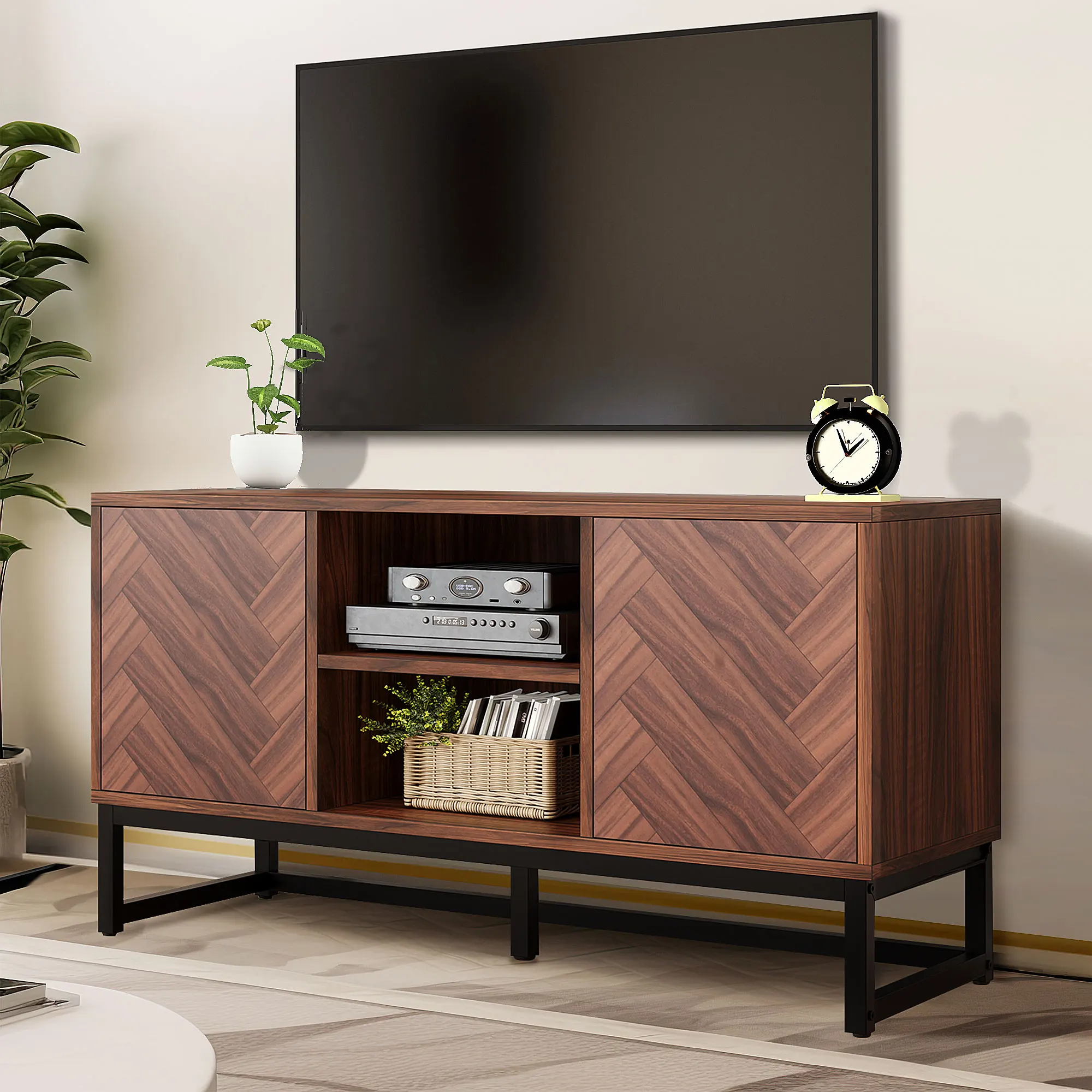 Mid-Century Modern TV Stand for 55 Inch Media Console Table with Storage Cabinet