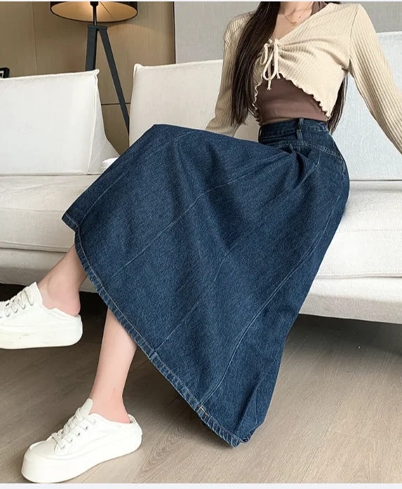 Chic Pleated Jeans Skirts Autumn Vintage High Waist Long Washing Ladies Straight Women Loose Denim Midi Skirts