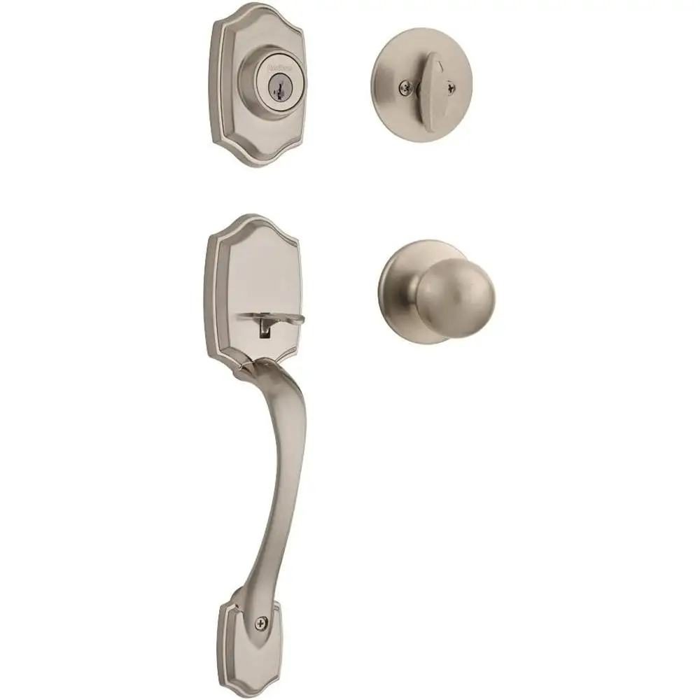 Kwikset Belleview Entry Handleset Front Door Lock Deadbolt Set with Interior Knob Exterior Satin Nickel Brass Material