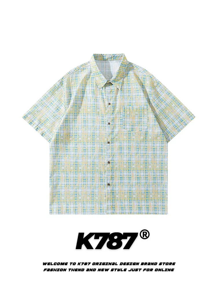 

K787 American Retro College Style Plaid Short Sleeve Shirt Unisex Loose Casual Versatile Beach Style Open Cardigan
