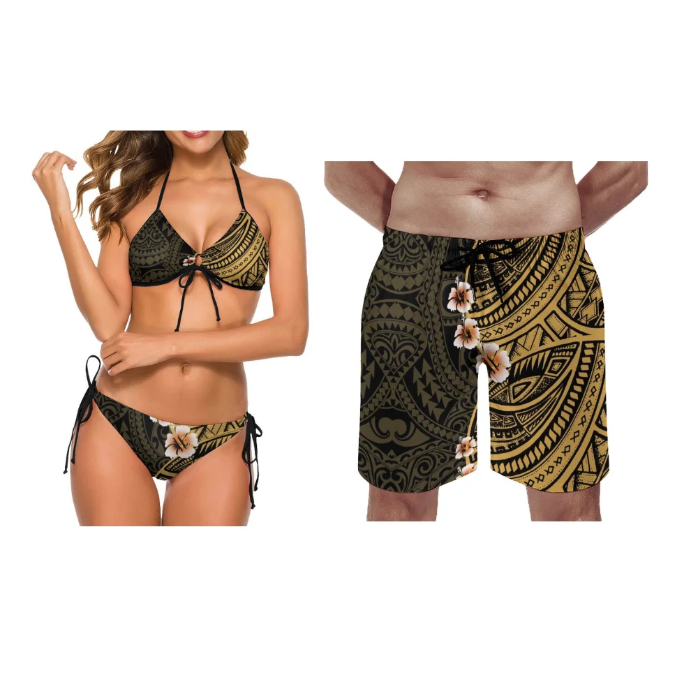 

Polynesia Custom Couple Swimwear Summer Beach Wholesale Neck Strap Sexy Women Bikini Suit Men Casual Beach Pants